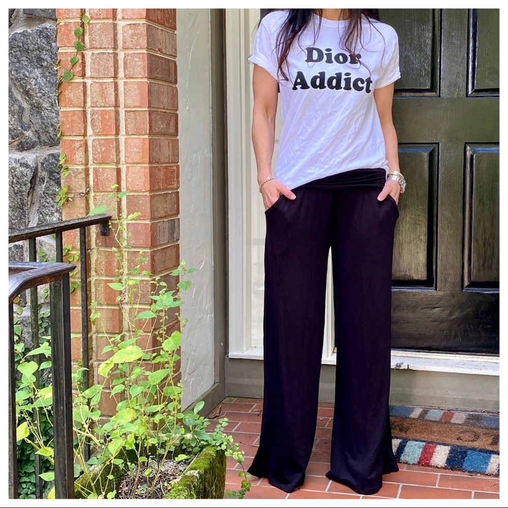Black Wide leg Fold Waist Pants With Side pockets - Picture 3 of 8